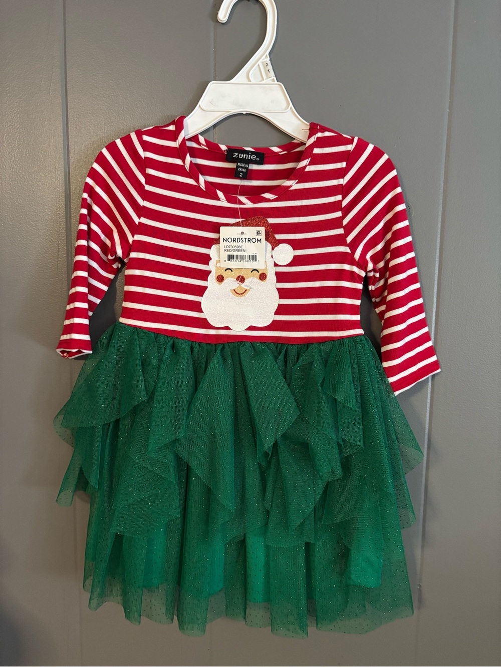 Zunie Red White Striped Top with Green Tulle Skirt Kids Dress